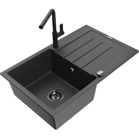 Mexen Bruno granite sink 1-bowl with drainer and Flora kitchen faucet, black speckled - 6513-76-670401-70-B