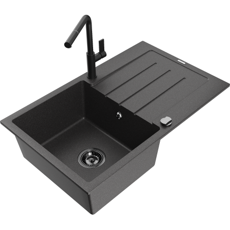 Mexen Bruno granite sink 1-bowl with drainer and Flora kitchen faucet, speckled black - 6513-76-670401-70-B