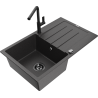 Mexen Bruno granite sink 1-bowl with drainer and Flora kitchen faucet, black speckled - 6513-76-670401-70-B