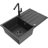 Mexen Bruno granite sink 1-bowl with drainer and Flora kitchen faucet, speckled black - 6513-76-670401-70-B