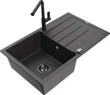 Mexen Bruno granite sink 1-bowl with drainer and Flora kitchen faucet, speckled black - 6513-76-670401-70-B