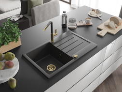 Mexen Bruno granite kitchen sink single-bowl with drainer and Flora kitchen faucet, black speckled - 6513-76-670401-75-G