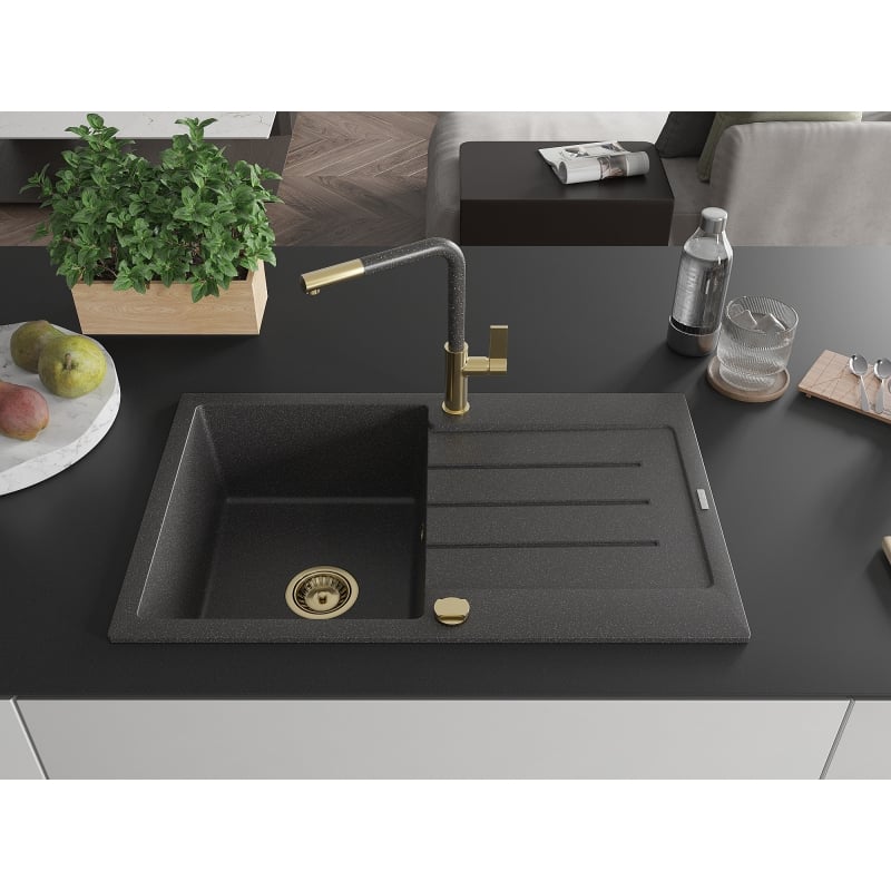 Mexen Bruno 1-bowl granite sink with drainer and Flora kitchen faucet, speckled black - 6513-76-670401-75-G