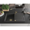 Mexen Bruno granite kitchen sink single-bowl with drainer and Flora kitchen faucet, black speckled - 6513-76-670401-75-G
