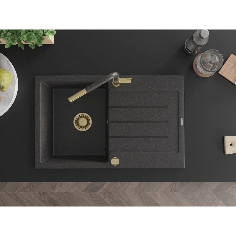 Mexen Bruno 1-bowl granite sink with drainer and Flora kitchen faucet, speckled black - 6513-76-670401-75-G