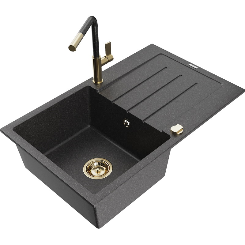 Mexen Bruno granite kitchen sink single-bowl with drainer and Flora kitchen faucet, black speckled - 6513-76-670401-75-G