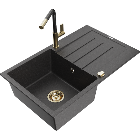 Mexen Bruno granite kitchen sink single-bowl with drainer and Flora kitchen faucet, black speckled - 6513-76-670401-75-G