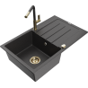 Mexen Bruno 1-bowl granite sink with drainer and Flora kitchen faucet, speckled black - 6513-76-670401-75-G