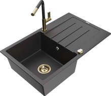 Mexen Bruno granite kitchen sink single-bowl with drainer and Flora kitchen faucet, black speckled - 6513-76-670401-75-G