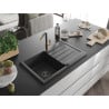 Mexen Bruno 1-bowl granite kitchen sink with drainer and Flora kitchen faucet, speckled black - 6513-76-670401-75-B