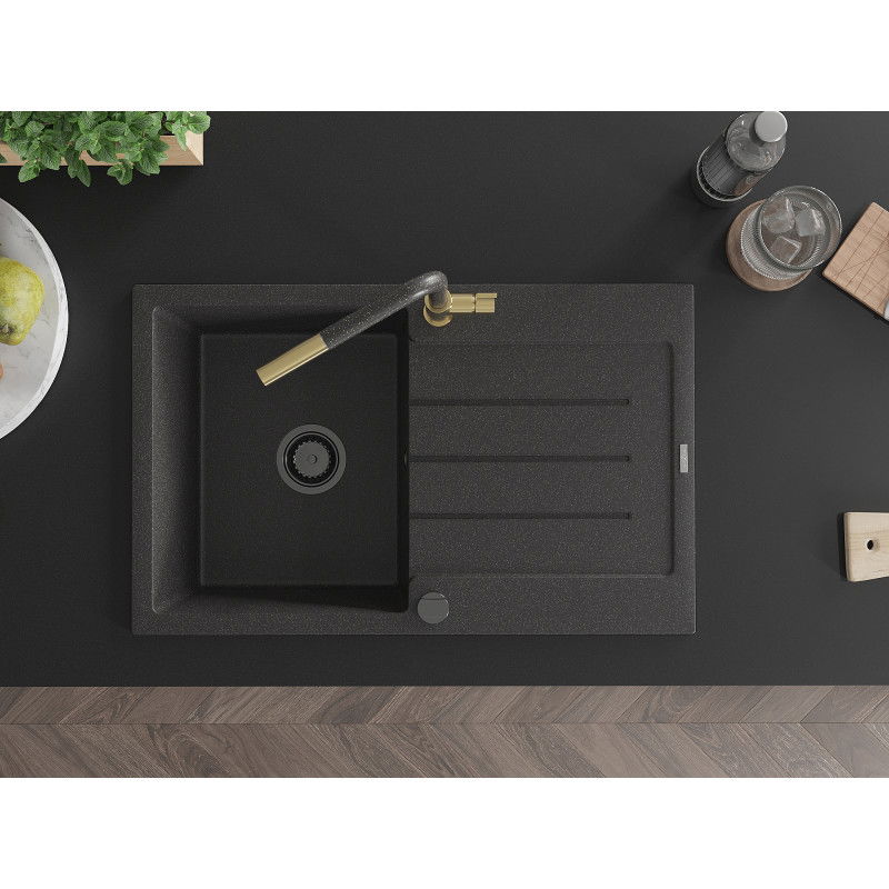 Mexen Bruno granite sink single bowl with drainer and Flora kitchen tap, speckled black - 6513-76-670401-75-B