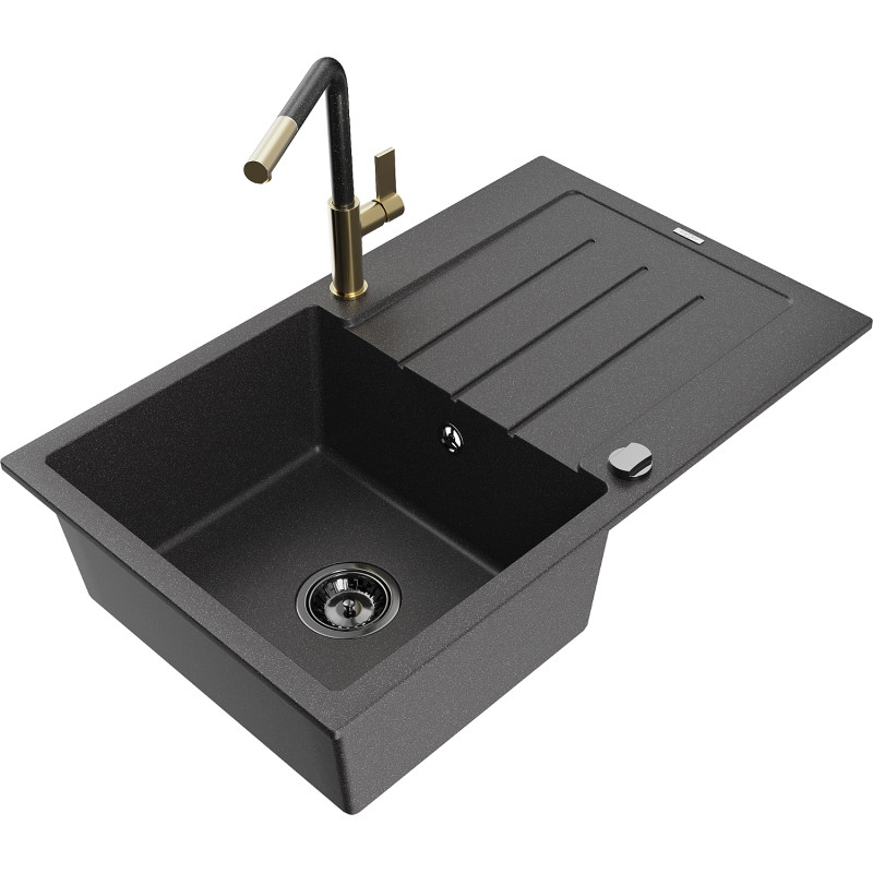 Mexen Bruno granite kitchen sink 1-bowl with drainer and Flora kitchen faucet, black speckled - 6513-76-670401-75-B