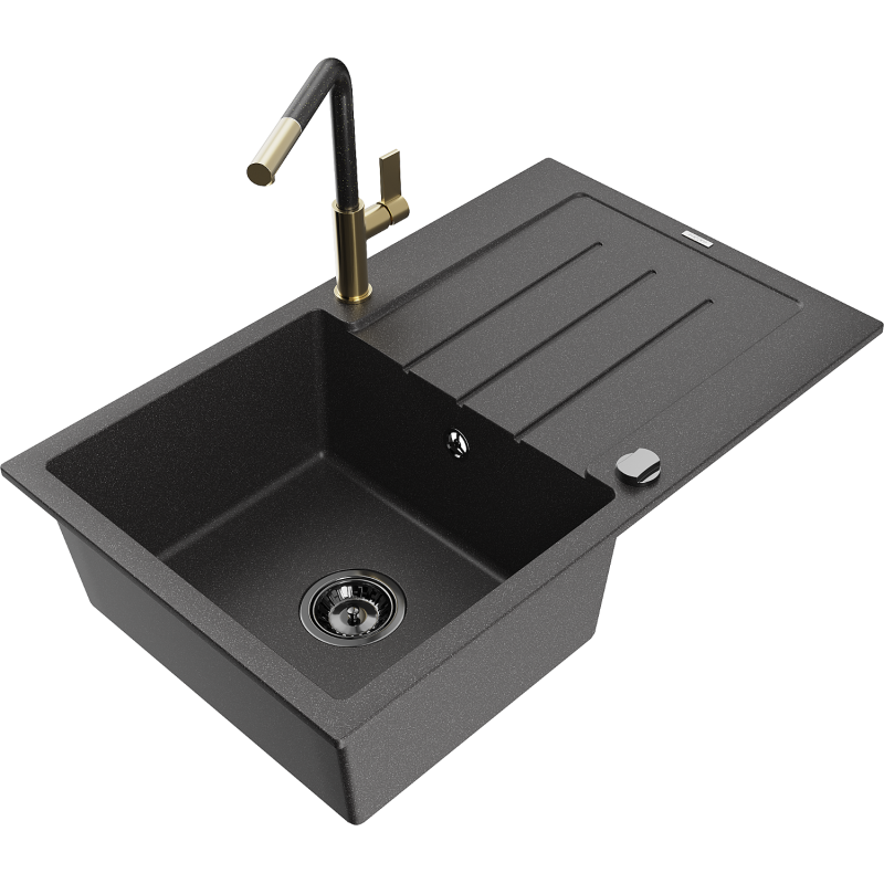 Mexen Bruno granite sink single bowl with drainer and Flora kitchen tap, speckled black - 6513-76-670401-75-B