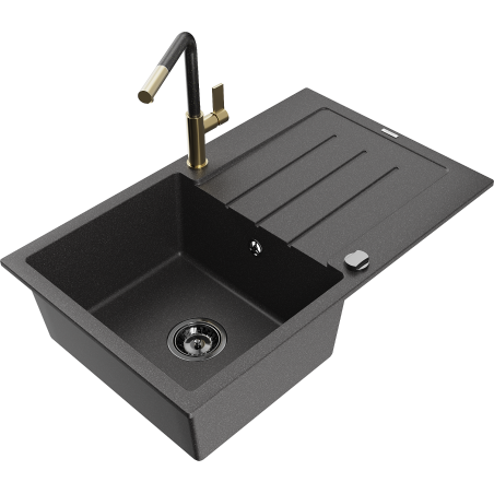 Mexen Bruno 1-bowl granite kitchen sink with drainer and Flora kitchen faucet, speckled black - 6513-76-670401-75-B