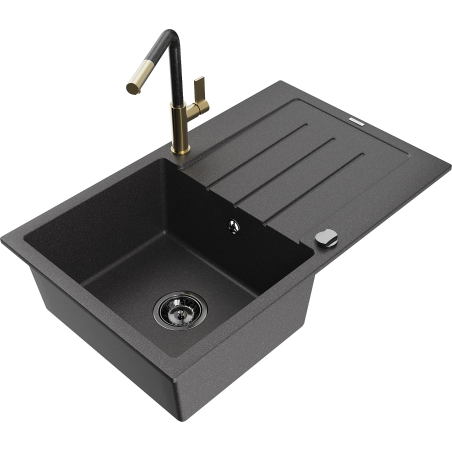 Mexen Bruno granite sink single bowl with drainer and Flora kitchen tap, speckled black - 6513-76-670401-75-B