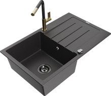 Mexen Bruno granite kitchen sink 1-bowl with drainer and Flora kitchen faucet, black speckled - 6513-76-670401-75-B