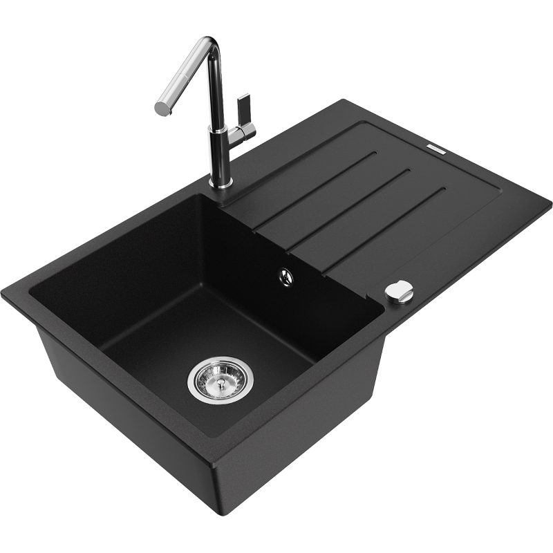 Mexen Bruno 1-bowl granite sink with drainer and Flora kitchen tap, black - 6513-77-670401-00