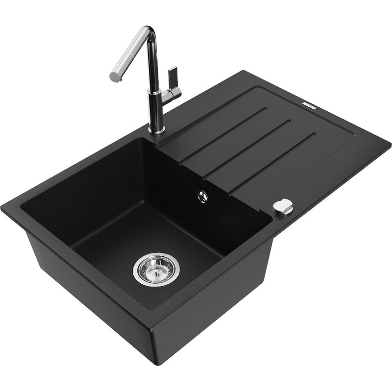 Mexen Bruno 1-compartment granite sink with a drip tray and kitchen mixer tap Flora, Black - 6513-77-670401-00