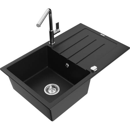 Mexen Bruno 1-bowl granite sink with drainer and Flora kitchen faucet, black - 6513-77-670401-00