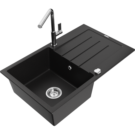 Mexen Bruno 1-bowl granite sink with drainer and Flora kitchen tap, black - 6513-77-670401-00