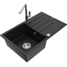Mexen Bruno 1-bowl granite sink with drainer and Flora kitchen faucet, black - 6513-77-670401-00