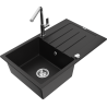 Mexen Bruno 1-bowl granite sink with drainer and Flora kitchen tap, black - 6513-77-670401-00