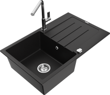 Mexen Bruno 1-bowl granite sink with drainer and Flora kitchen faucet, black - 6513-77-670401-00