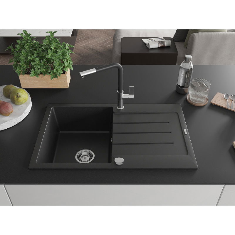 Mexen Bruno 1-bowl granite sink with drainer and Flora kitchen tap, black - 6513-77-670401-07
