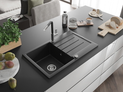 Mexen Bruno granite kitchen sink 1-bowl with drainer and Flora faucet, black - 6513-77-670401-07