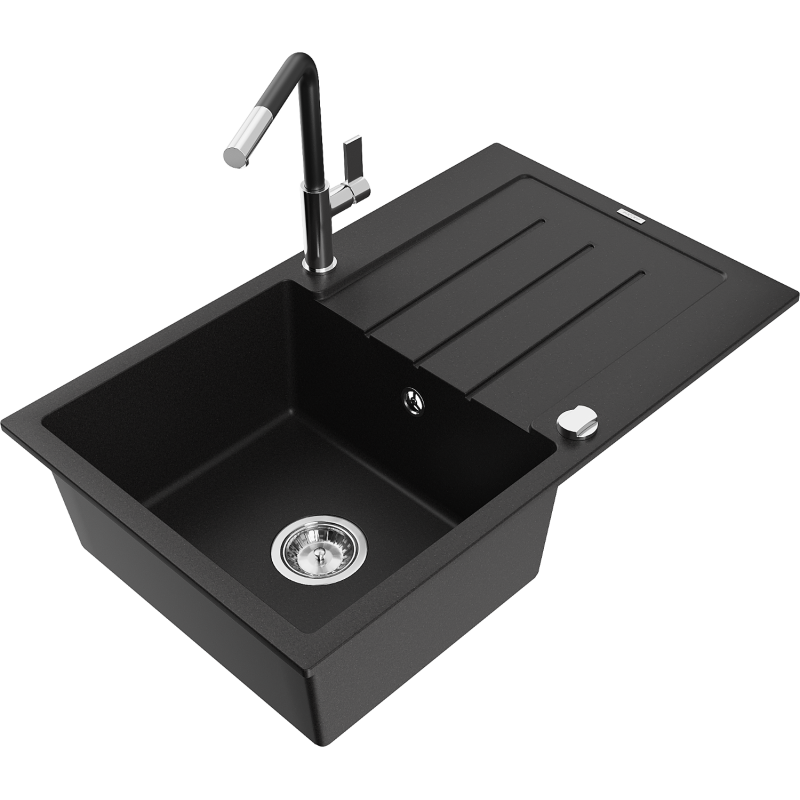 Mexen Bruno 1-compartment granite sink with a drip tray and kitchen mixer tap Flora, Black - 6513-77-670401-07