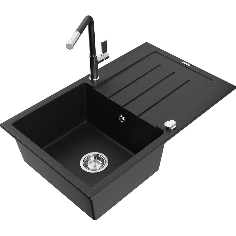 Mexen Bruno granite kitchen sink 1-bowl with drainer and Flora faucet, black - 6513-77-670401-07