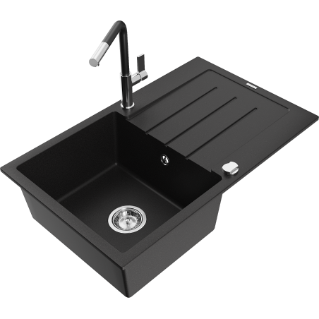 Mexen Bruno 1-bowl granite sink with drainer and Flora kitchen tap, black - 6513-77-670401-07