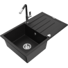 Mexen Bruno 1-bowl granite sink with drainer and Flora kitchen tap, black - 6513-77-670401-07