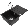 Mexen Bruno granite kitchen sink 1-bowl with drainer and Flora faucet, black - 6513-77-670401-07