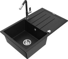 Mexen Bruno granite kitchen sink 1-bowl with drainer and Flora faucet, black - 6513-77-670401-07