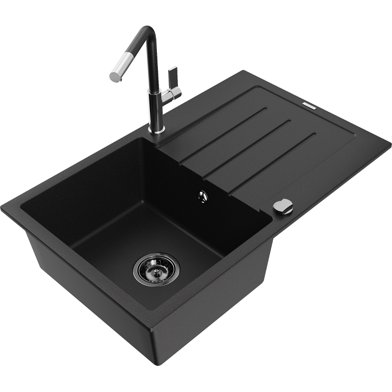 Mexen Bruno 1-bowl granite sink with drainer and Flora kitchen tap, black - 6513-77-670401-07-B