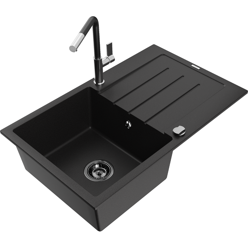Mexen Bruno 1-compartment granite sink with a drip tray and kitchen mixer tap Flora, Black - 6513-77-670401-07-B