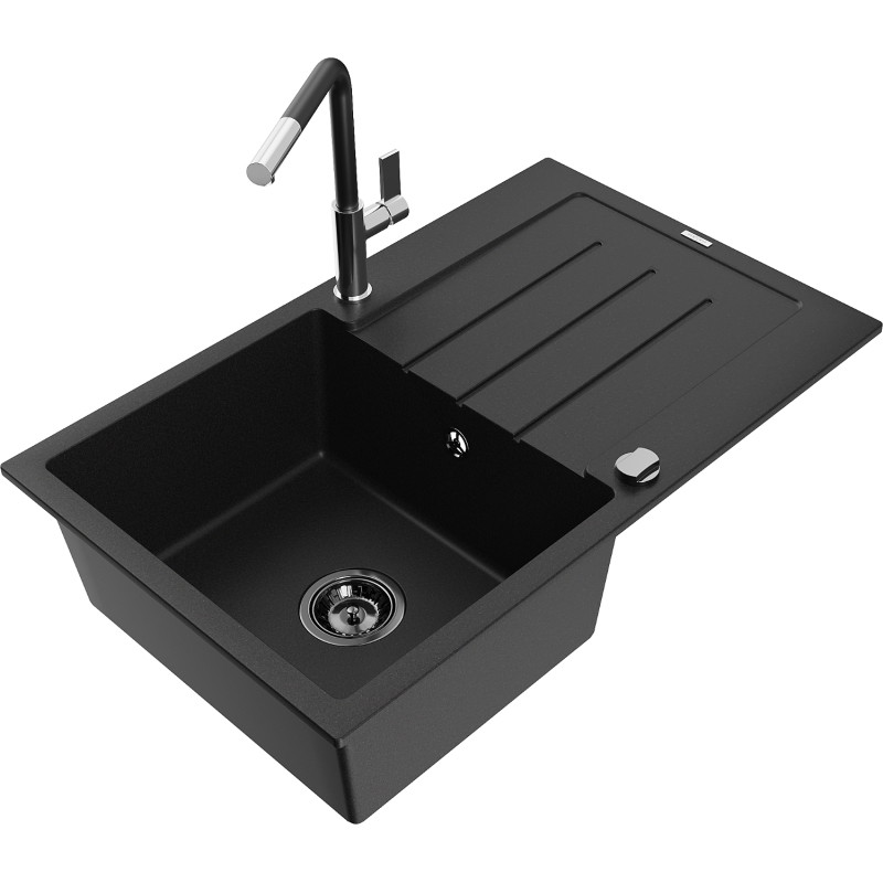 Mexen Bruno granite single-bowl kitchen sink with drainer and Flora faucet, black - 6513-77-670401-07-B