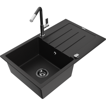 Mexen Bruno granite single-bowl kitchen sink with drainer and Flora faucet, black - 6513-77-670401-07-B