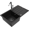 Mexen Bruno 1-bowl granite sink with drainer and Flora kitchen faucet, black - 6513-77-670401-07-B