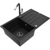 Mexen Bruno granite single-bowl kitchen sink with drainer and Flora faucet, black - 6513-77-670401-07-B