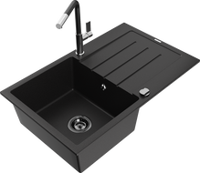 Mexen Bruno 1-bowl granite sink with drainer and Flora kitchen faucet, black - 6513-77-670401-07-B