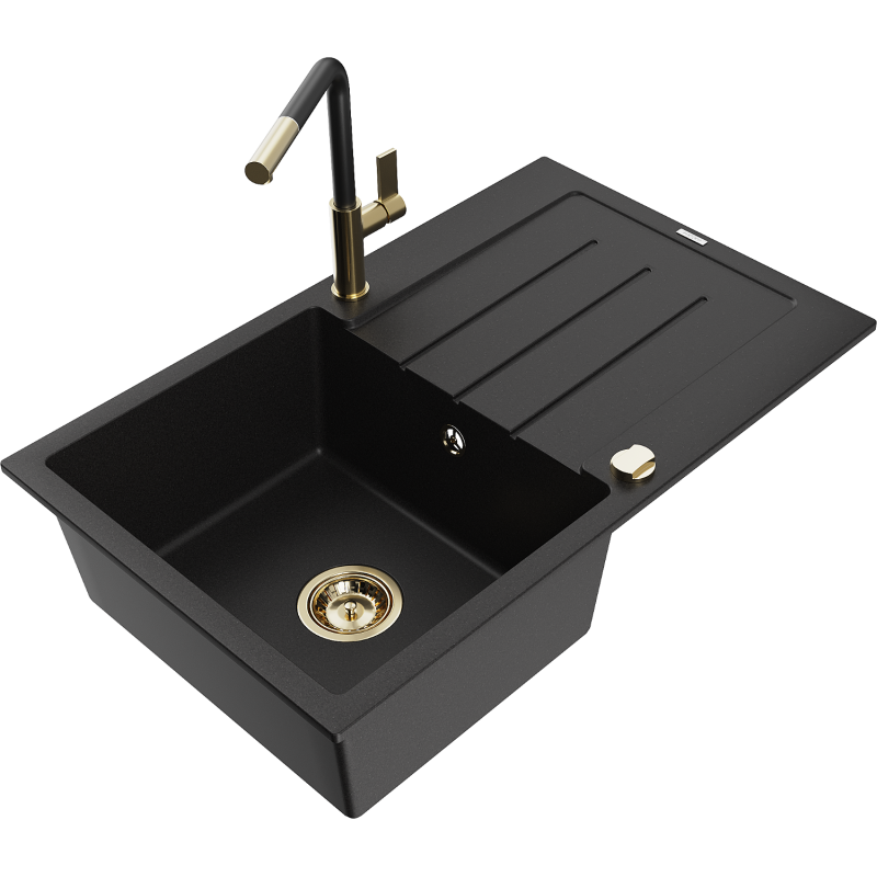 Mexen Bruno 1-compartment granite sink with a drip tray and kitchen mixer tap Flora, Black - 6513-77-670401-57-G