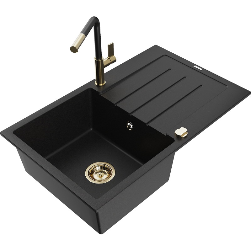 Mexen Bruno granite sink 1-bowl with drainer and Flora kitchen faucet, black - 6513-77-670401-57-G