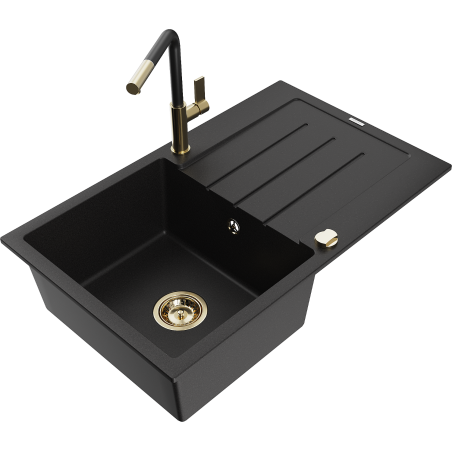 Mexen Bruno granite sink 1-bowl with drainer and Flora kitchen faucet, black - 6513-77-670401-57-G