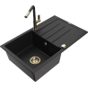 Mexen Bruno granite kitchen sink single-chamber with drainer and kitchen faucet Flora, black - 6513-77-670401-57-G