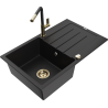Mexen Bruno granite sink 1-bowl with drainer and Flora kitchen faucet, black - 6513-77-670401-57-G