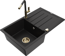 Mexen Bruno granite sink 1-bowl with drainer and Flora kitchen faucet, black - 6513-77-670401-57-G