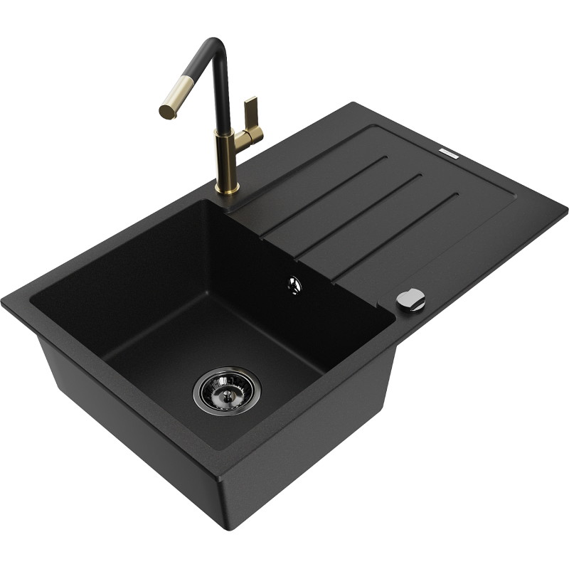 Mexen Bruno 1-bowl granite sink with drainer and Flora kitchen faucet, black - 6513-77-670401-57-B