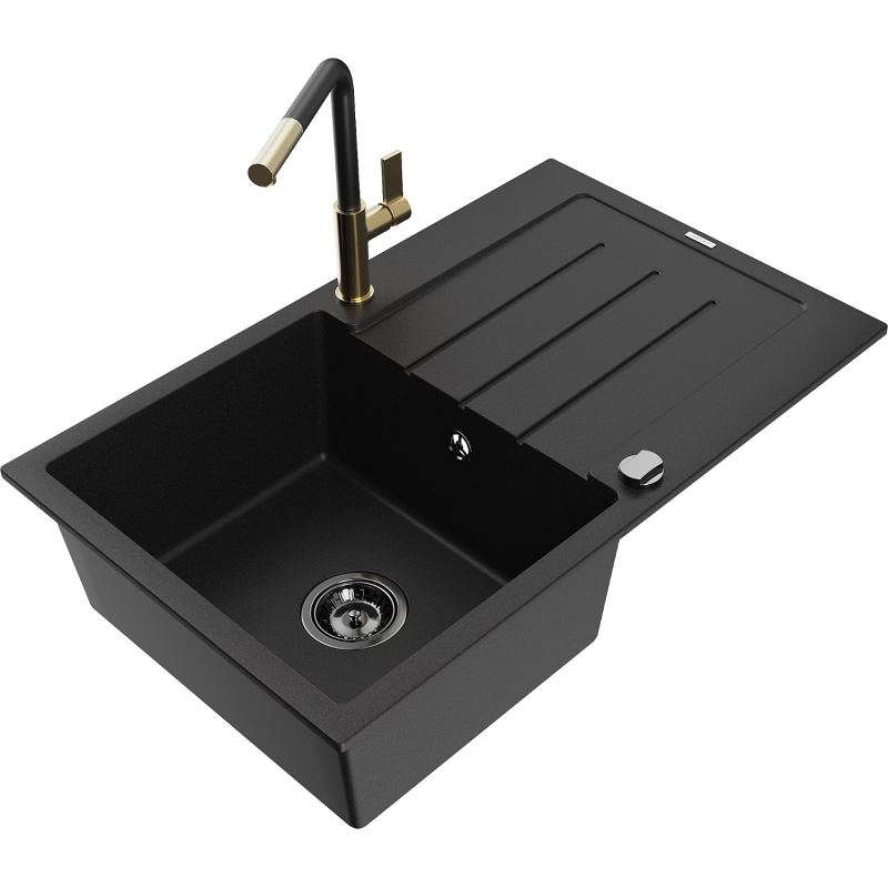 Mexen Bruno 1-compartment granite sink with a drip tray and kitchen mixer tap Flora, Black - 6513-77-670401-57-B
